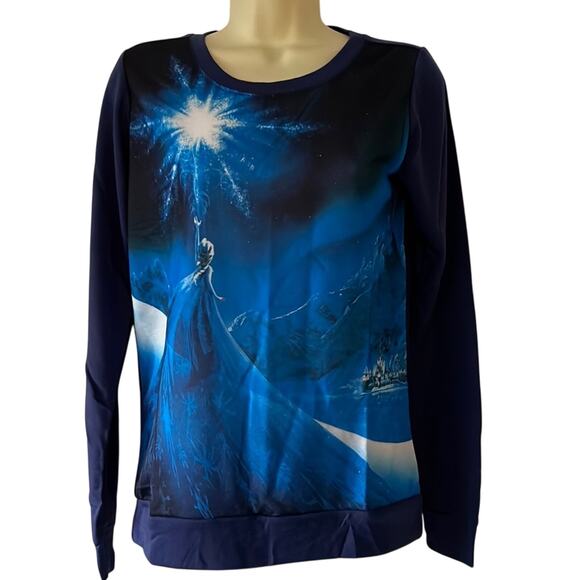 Disney Frozen Elsa Navy Blue Print Knit Top Size Medium Long Sleeves Pullover - Picture 1 of 7